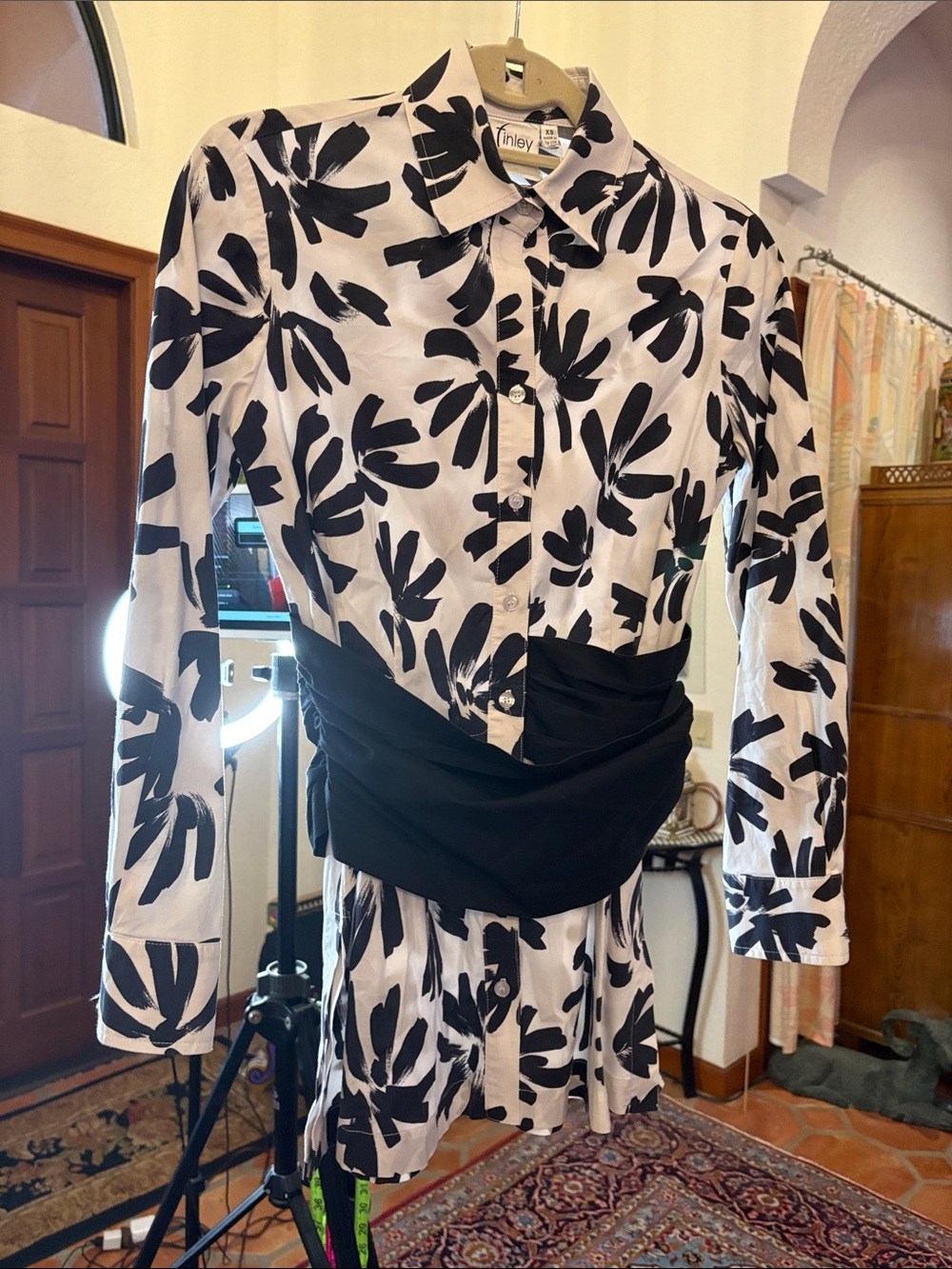 Finley black Daisy brushstroke shirt with front tie